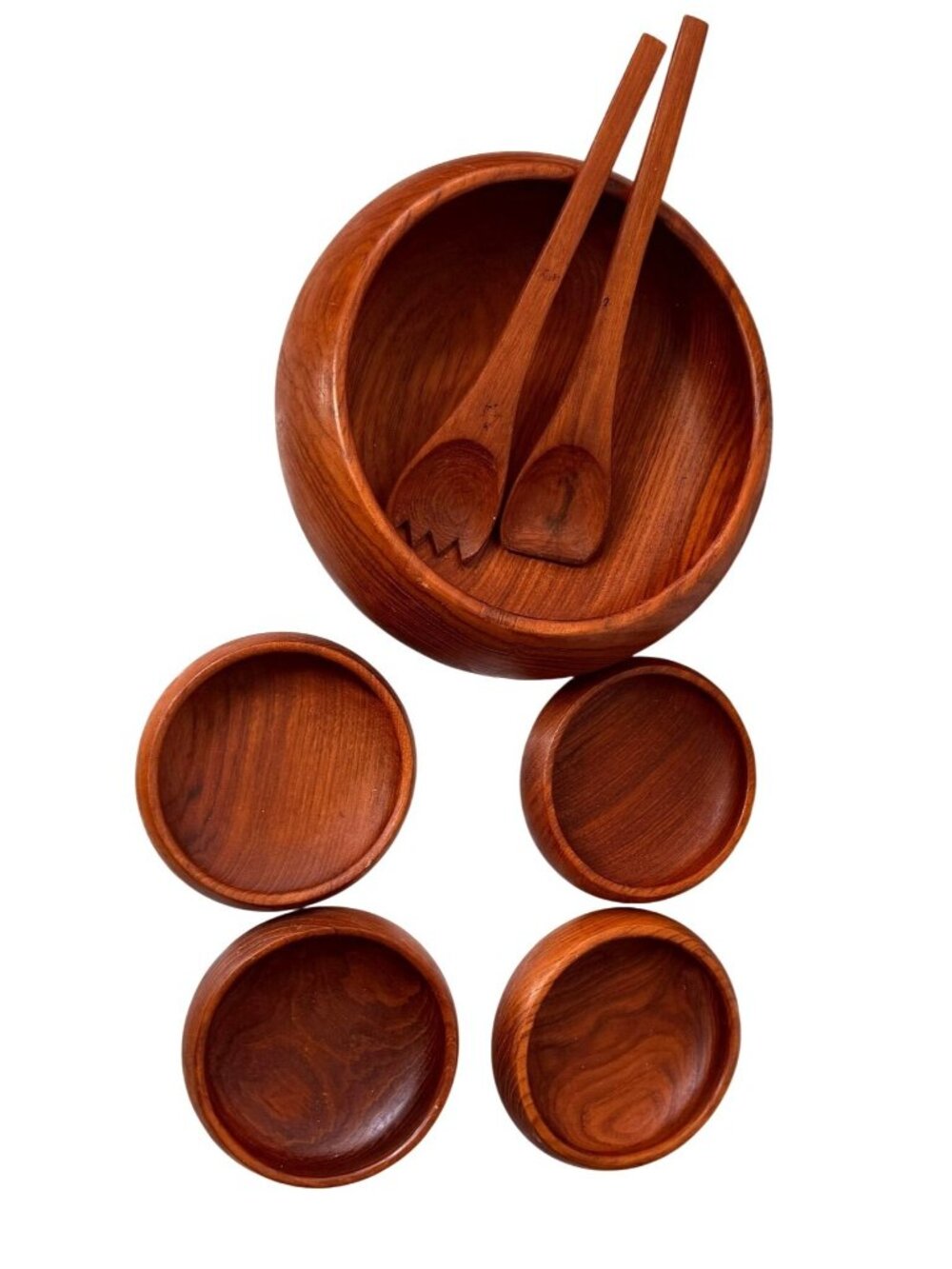 Mid-Century Modern Teak Salad Bowl Set With 4 Small Bowls & 2 Serving Utensils